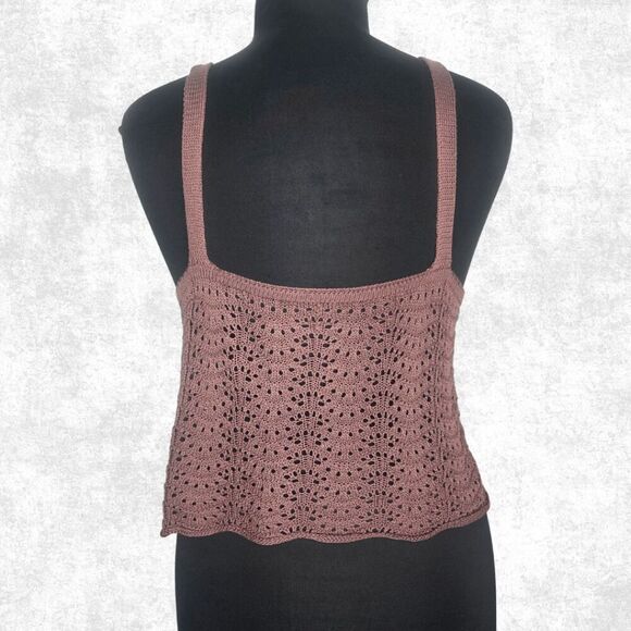 Plus Size 2XL Brown Crochet Tank Top – Boho Festival Knit Cami with Tie Front - Picture 2 of 8